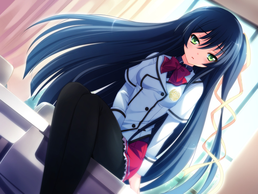 artist_request, black_hair, black_legwear, blush, dutch_angle, game_cg, green_eyes, highres, long_hair, love_kami, lovekami, motoi_ayumu, pantyhose, ribbon, sakisa_itsuki, school_uniform, seifuku, sitting, very_long_hair, yashima_takahiro
