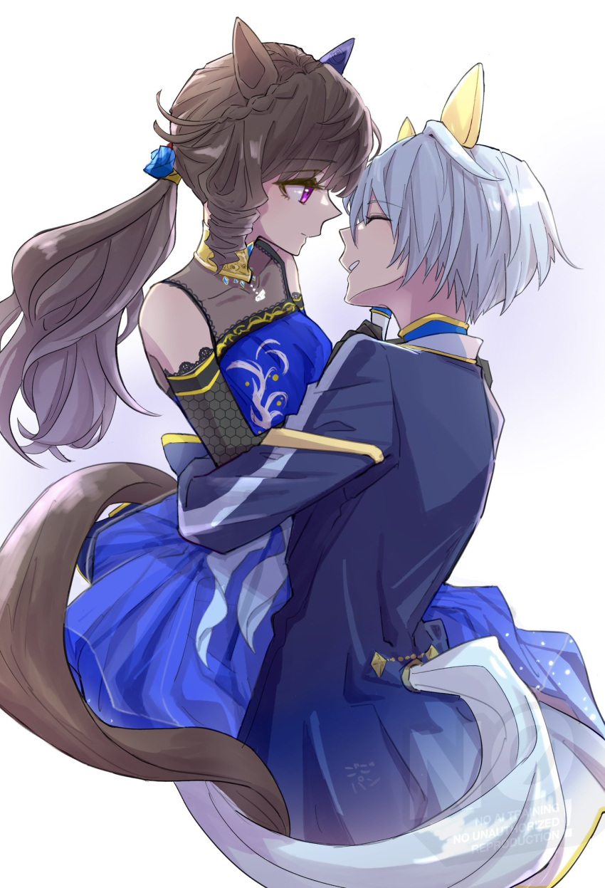 2girls, animal_ears, arms_around_another's_waist, asymmetrical_dress, bare_shoulders, blue_dress, blue_hair, blue_jacket