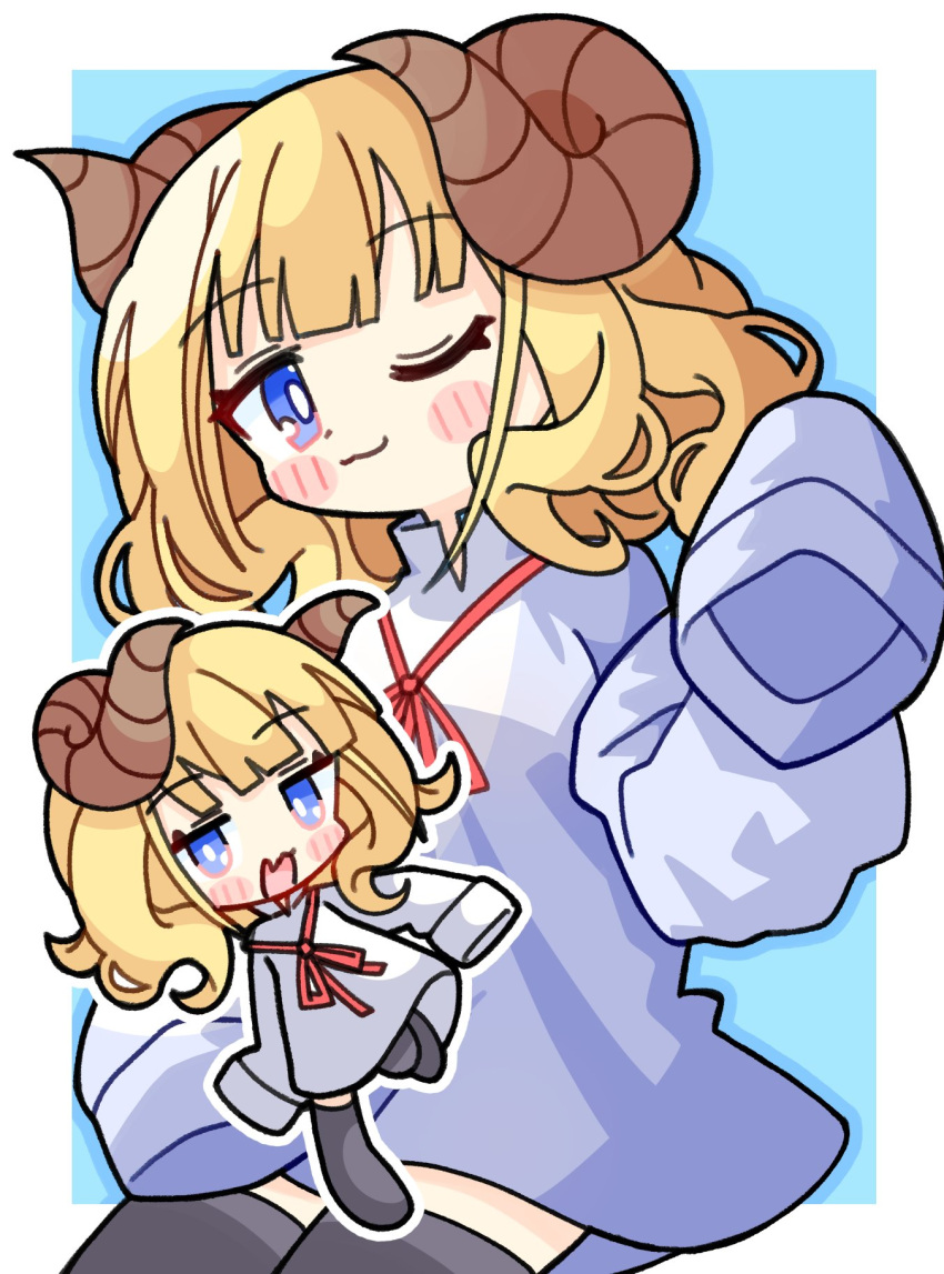 1girl, :d, ;3, black_thighhighs, blonde_hair, blue_background, blue_dress, blue_eyes, blunt_bangs, blush_stickers, border, bright_pupils, brown_horns, character_request, chibi, closed_mouth, commentary, commission, copyright_request, cowboy_shot, dress, fang, hand_up, highres, horns, komataso9, long_sleeves, looking_at_viewer, multiple_views, one_eye_closed, open_mouth, outside_border, sheep_horns, short_dress, short_hair, simple_background, skeb_commission, skin_fang, sleeves_past_fingers, sleeves_past_wrists, smile, thigh-highs, white_border, white_pupils, zettai_ryouiki