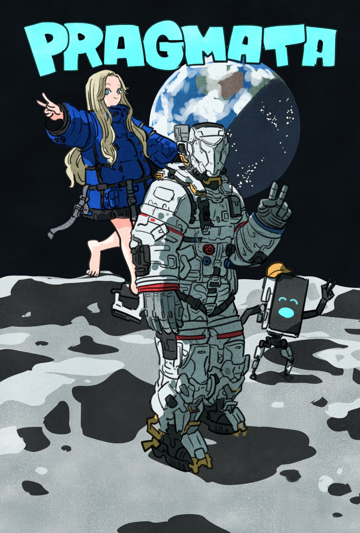 1boy, 1girl, blue_coat, coat, commentary_request, diana_(pragmata), highres, hope_(armor)