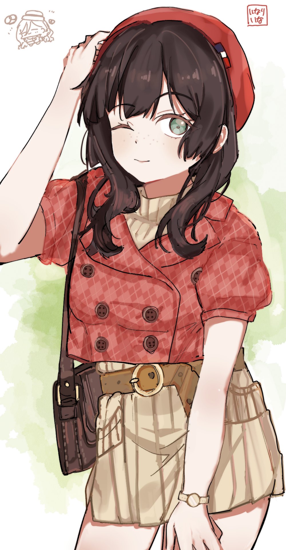 1girl, artist_logo, belt, beret, black_hair, brown_dress, buttons, cowboy_shot, double-breasted, dress, freckles, french_flag, grey_eyes, hat, highres, inari_ina, jacket, kantai_collection, logo, long_hair, mogador_(kancolle), mogador_(lawson)_(kancolle), official_alternate_costume, one_eye_closed, plaid_clothes, plaid_jacket, red_hat, red_jacket, richelieu_(kancolle), short_sleeves, solo, watch, watch