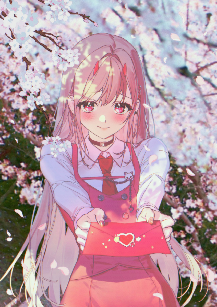 1girl, alternate_costume, blush, cherry_blossoms, choker, closed_mouth, collared_shirt, commentary