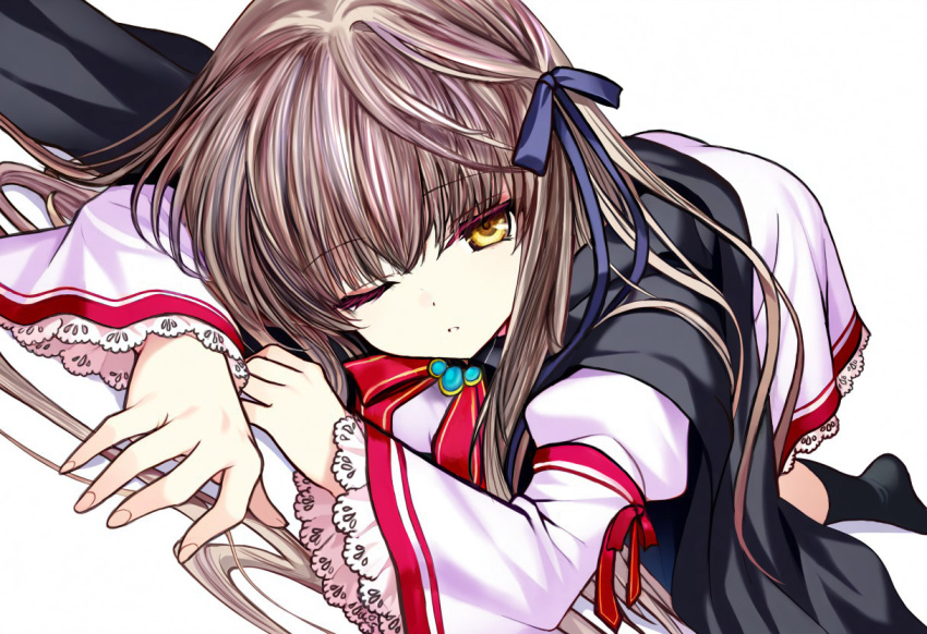 1girl, arm_support, black_bow, black_cape, black_ribbon, black_socks, bow, brown_hair