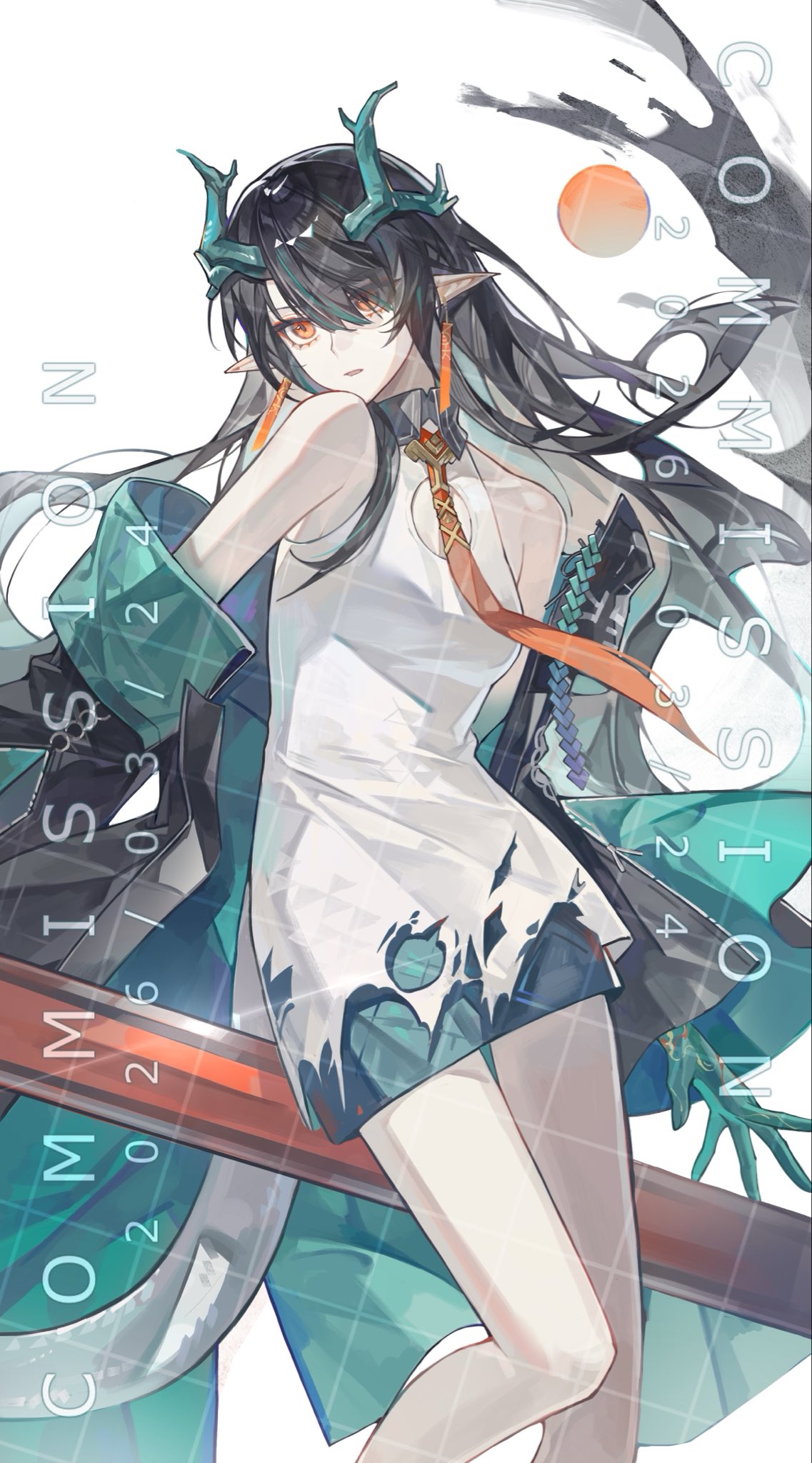 1girl, arknights, arm_tattoo, bare_shoulders, black_hair, black_jacket, china_dress, chinese_clothes