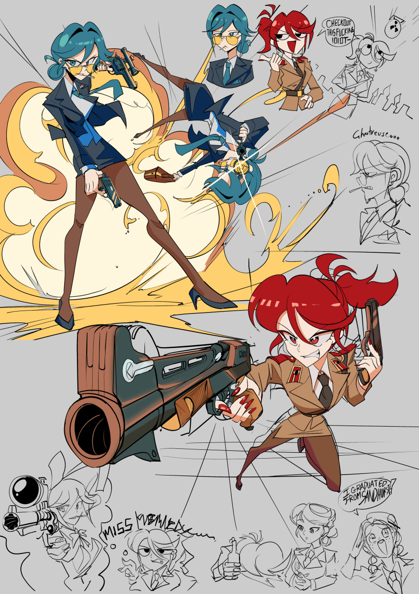2girls, absurdres, aiming, blue_eyes, blue_hair, briefcase, central_intelligence_agency, cia_(the_dark_knight_rises)