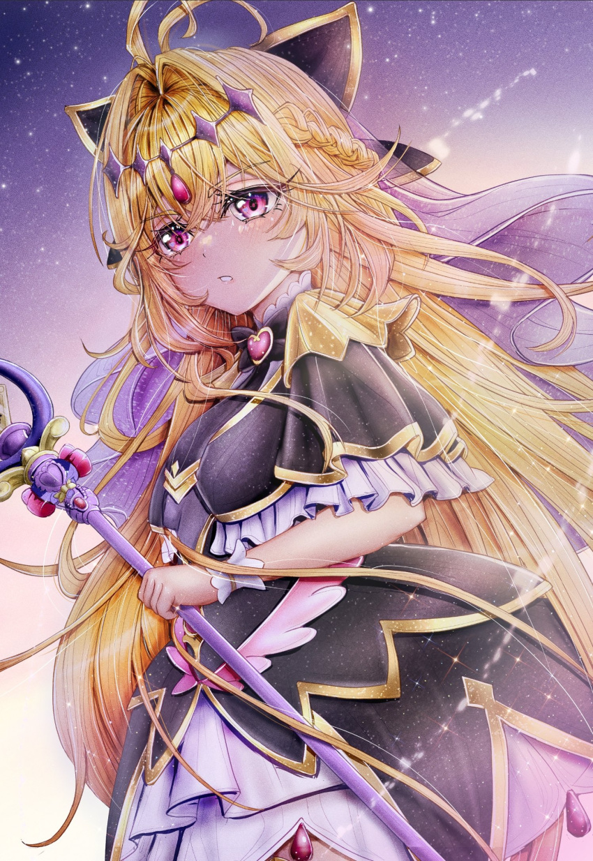 1girl, antenna_hair, black_capelet, brooch, capelet, commander_kei, commentary_request, cure_arcana_shadow, diamond_hairband, frilled_capelet, frilled_cuffs, frills, hair_intakes, heart, heart_brooch, highres, holding, holding_rod, jewelry, long_hair, looking_at_viewer, looking_back, magical_girl, meitantei_precure!, moria_luluka, precure, purple_veil, purple_wrist_cuffs, rod, sky, star_(sky), starry_sky, tear_arcana_rod, veil, wrist_cuffs