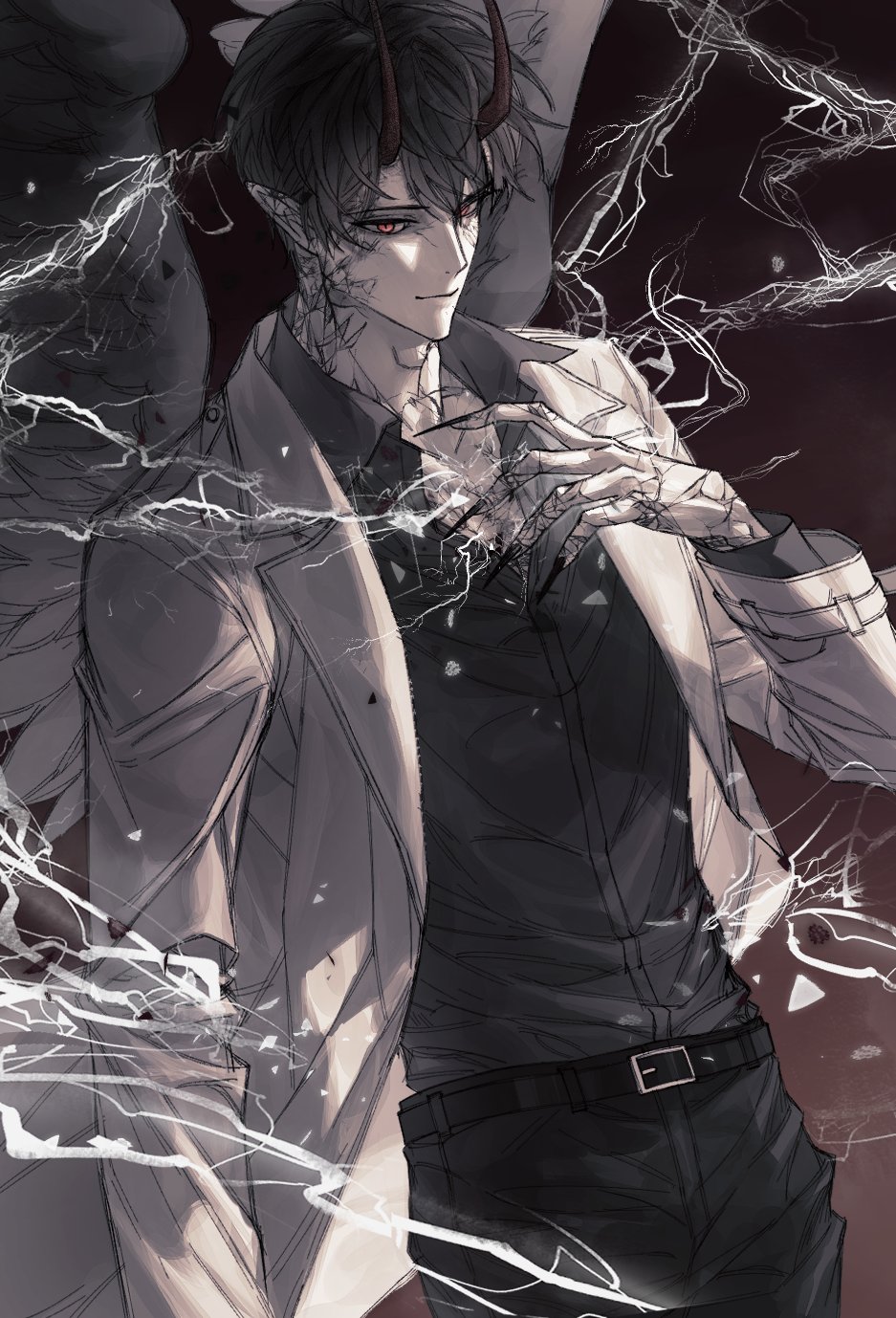 1boy, belt, black_hair, black_shirt, black_wings, coat, collared_shirt, colored_veins, commentary, corruption, cowboy_shot, cracked_skin, demon_horns, feathered_wings, fingernails, hand_up, highres, horns, house_go, kim_dokja, looking_at_viewer, magic, male_focus, muted_color, official_alternate_costume, omniscient_reader's_viewpoint, open_clothes, open_coat, pointy_ears, popped_collar, red_eyes, sharp_fingernails, shirt, shirt_tucked_in, short_hair, smirk, solo, white_coat, wings