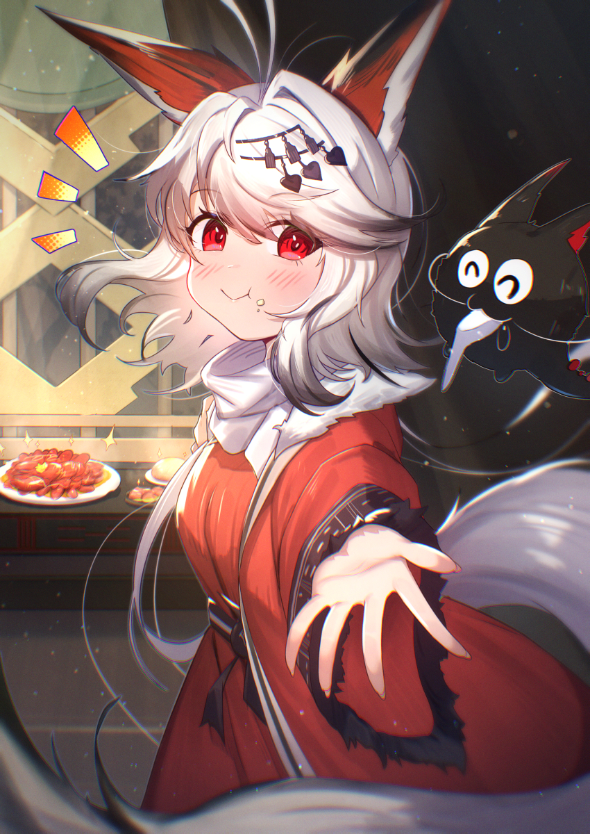 1girl, animal_ears, antenna_hair, blush, commentary_request, dress, food, fox_ears, fox_girl, fox_tail, hair_intakes, highres, limao_pan_(wuhua_mixin), long_sleeves, looking_at_viewer, notice_lines, reaching, reaching_towards_viewer, red_dress, red_eyes, revision, smile, solo, tail, uneg, white_hair, wuhua_mixin