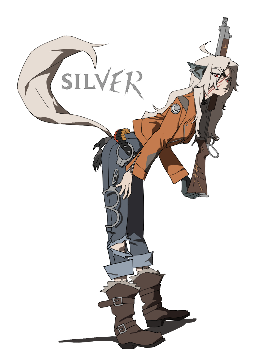 1girl, alternate_eye_color, ammunition, animal_collar, animal_ears, belt, black_belt, boots
