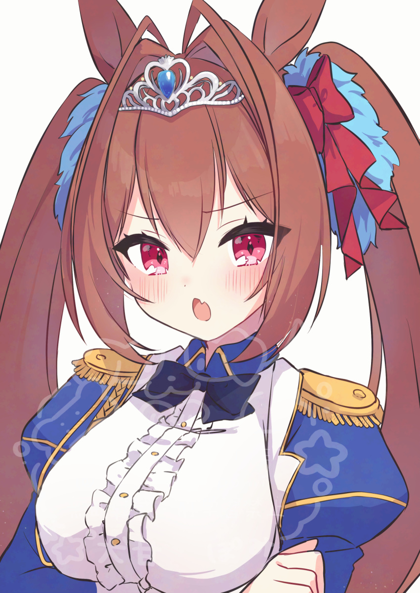 1girl, animal_ears, breasts, brown_hair, commentary_request, daiwa_scarlet_(peak_blue)_(umamusume), daiwa_scarlet_(umamusume), fang