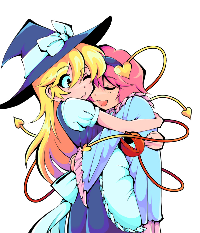 2girls, absurdres, blonde_hair, closed_eyes, hair_ornament, hat, headband, heart, heart_hair_ornament, highres, honkattack, hug, kirisame_marisa, komeiji_satori, multiple_girls, sleeping, third_eye, touhou, witch_hat, yellow_eyes, yuri