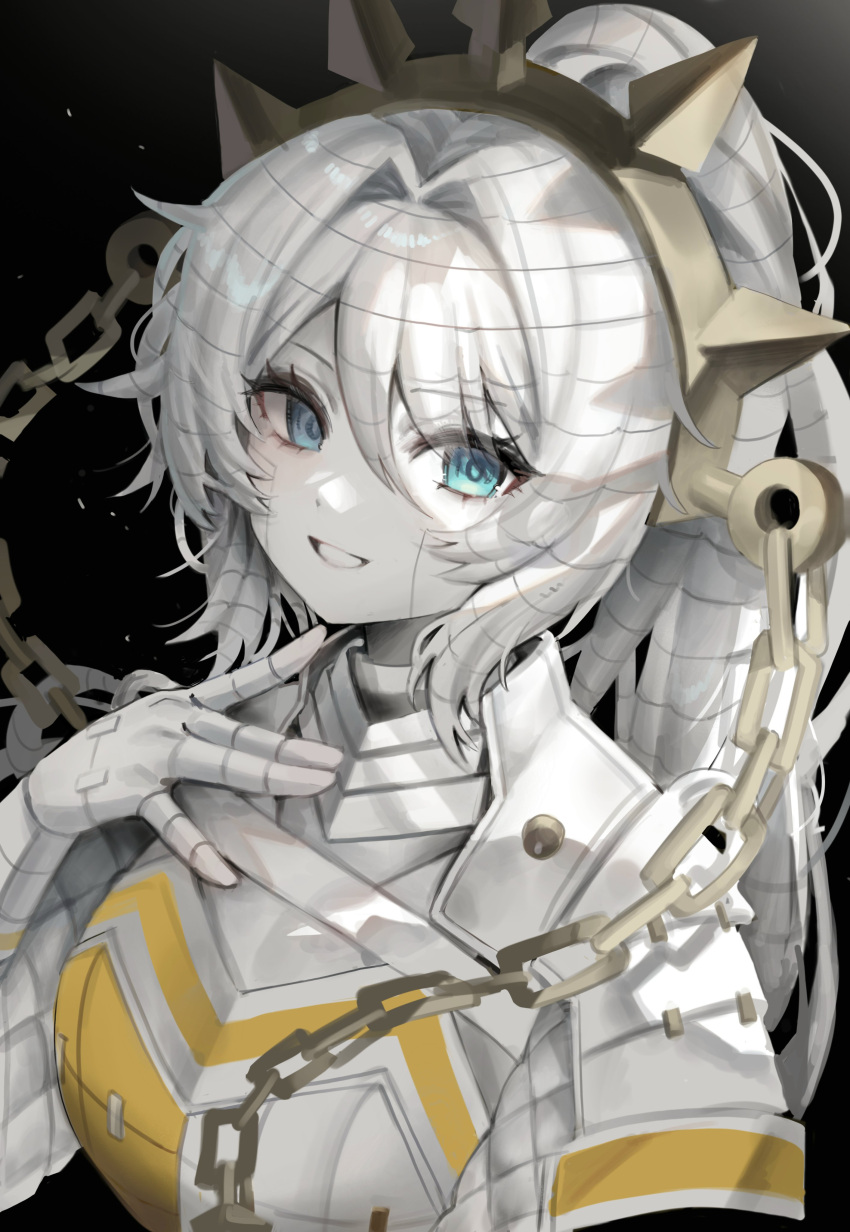 1girl, absurdres, armor, armored_dress, black_background, blue_eyes, chain, colored_skin, crown, dress, faust_(project_moon), gloves, hand_up, high_ponytail, highres, limbus_company, long_hair, looking_at_viewer, parted_lips, ponytail, project_moon, ring_(identity)_(project_moon), sidelocks, simple_background, skin_seams, smile, solo, spiked_crown, upper_body, very_long_hair, white_dress, white_gloves, white_skin, yuchan_00001