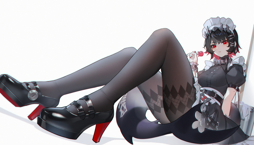1girl, absurdres, belt, black_belt, black_hair, black_skirt, bucket, chinese_commentary, closed_mouth, colored_inner_hair, ellen_joe, fins, fish_tail, full_body, hair_ornament, high_heels, highres, holding, lance_no_lot, looking_at_viewer, maid_headdress, mop, multicolored_hair, red_eyes, red_hair, red_nails, shark_girl, shark_tail, short_sleeves, sitting, skirt, solo, tail, two-tone_hair, white_background, wrist_cuffs, zenless_zone_zero