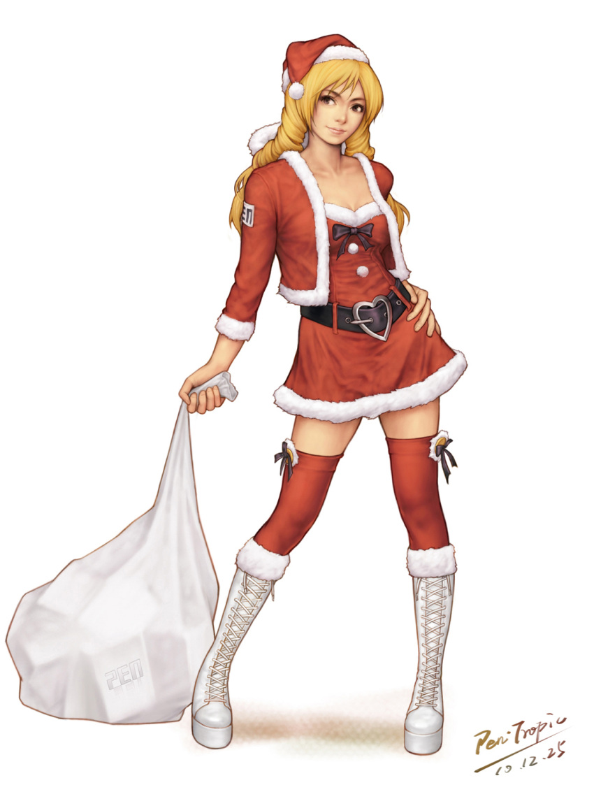 belt, blonde_hair, boots, bow, dress, drill_hair, hat, heart, highres, holding, king_of_fighters, long_hair, pen-tropic, pen_tropic_(pixiv), purple_eyes, realistic, santa_costume, santa_hat, shijou_hinako, signature, snk, thigh-highs, thighhighs, violet_eyes