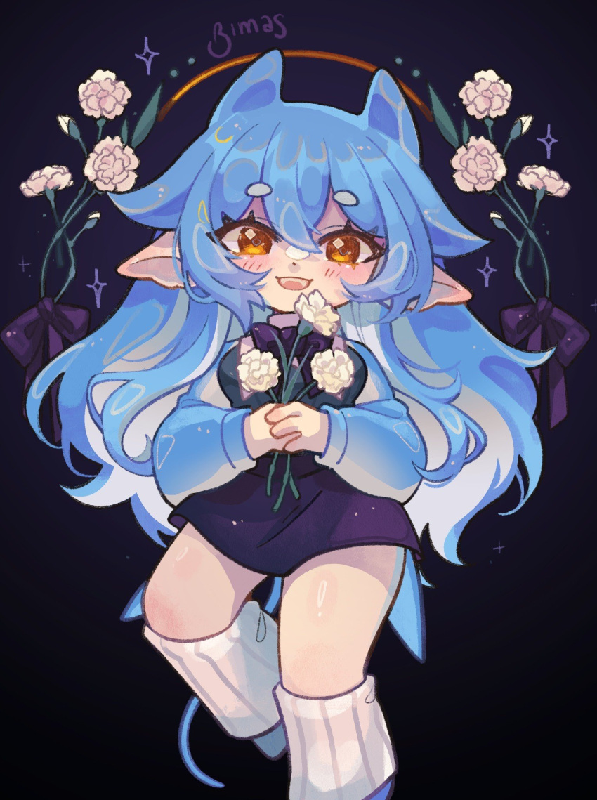 1girl, bimas, bimas_(vtuber), blue_hair, dress, flower, flower_request, highres
