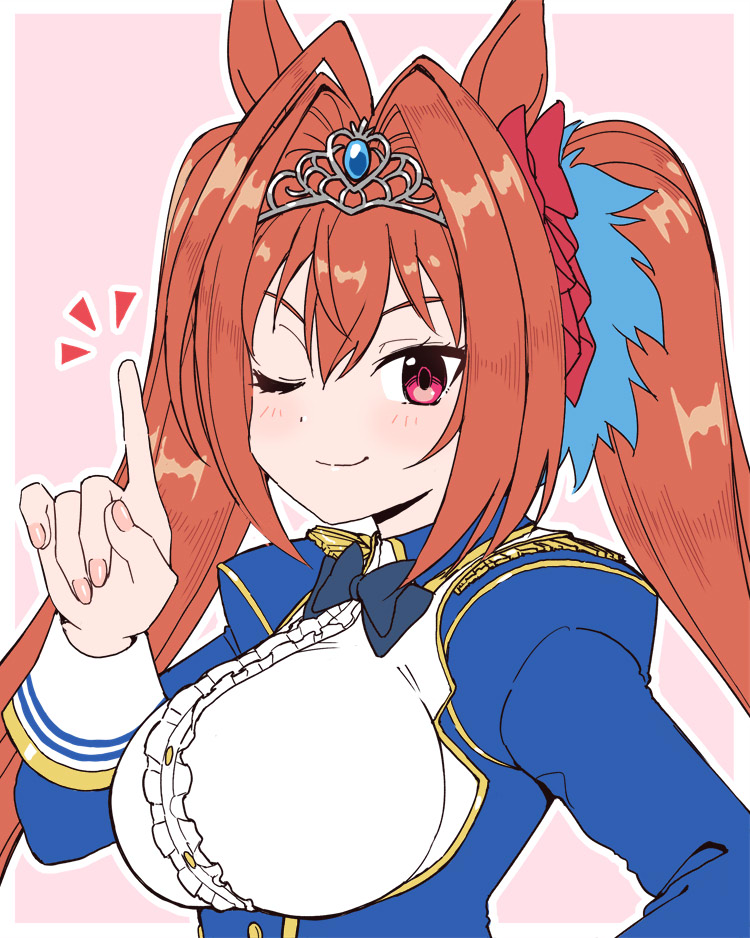 1girl, ;), animal_ears, breasts, brown_hair, center_frills, commentary_request, daiwa_scarlet_(peak_blue)_(umamusume)