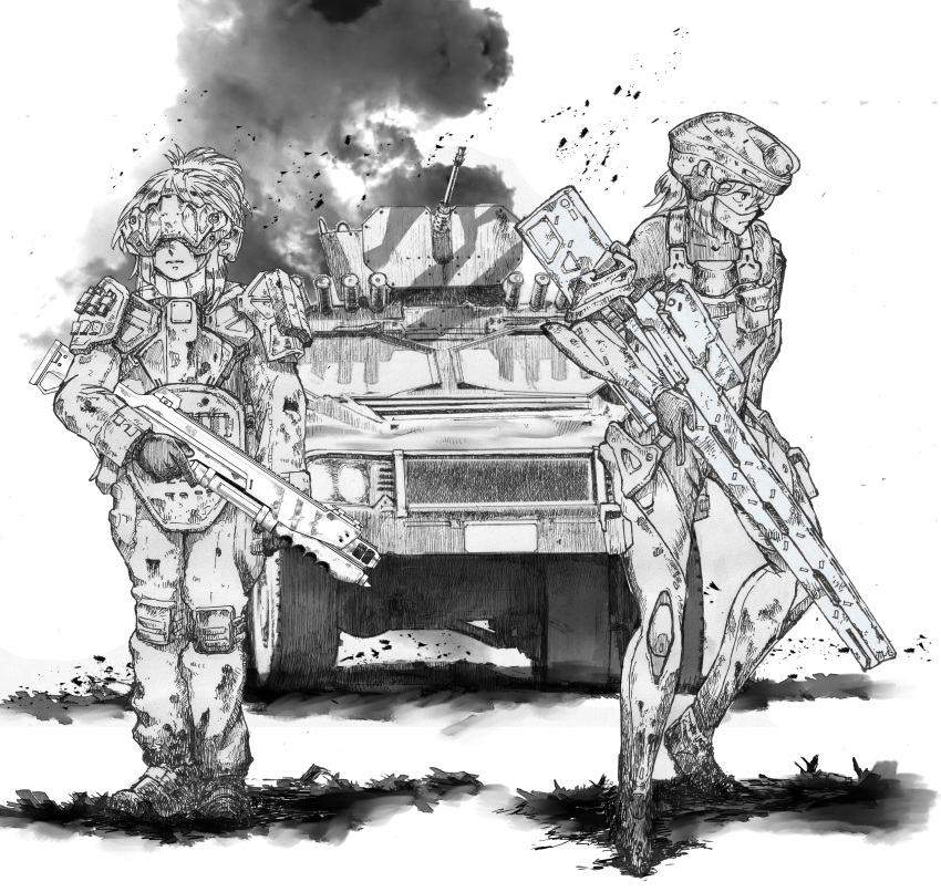 2girls, absurdres, armor, closed_mouth, combat_helmet, commentary_request, full_body, gloves