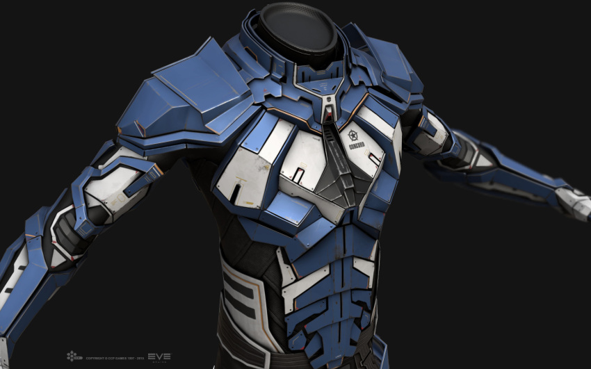 3d, armor, armored_bodysuit, blue_armor, commentary, company_logo, company_name, concord_assembly_(eve_online)