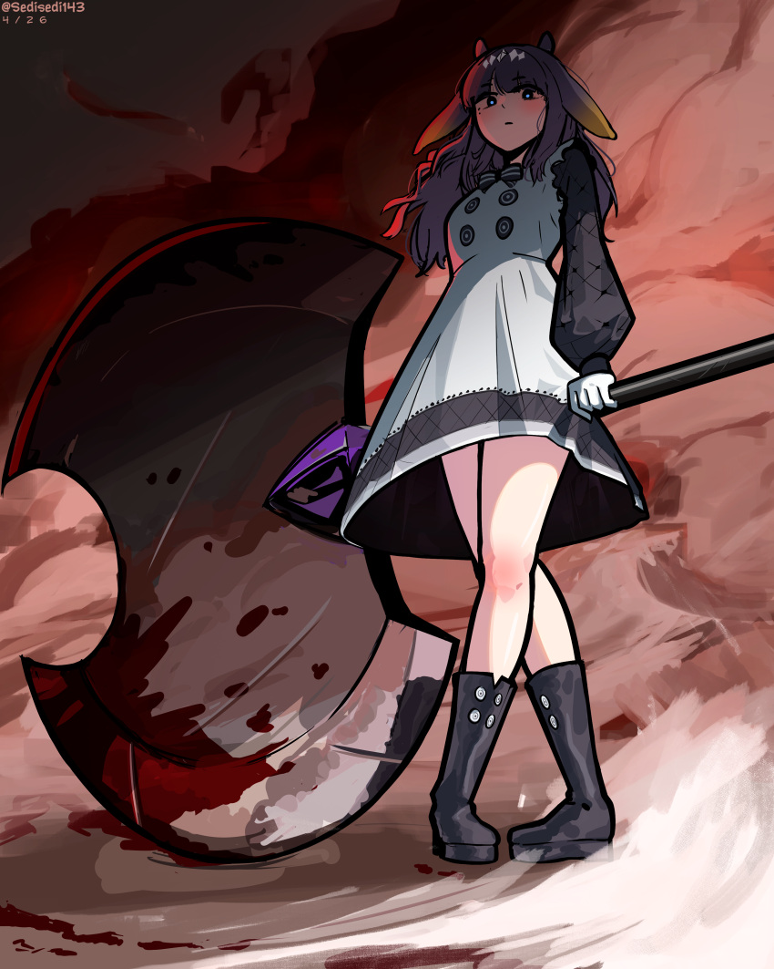 1girl, absurdres, apron, axe, battle_axe, black_boots, black_dress, blonde_hair, blood, blood_on_weapon, blue_eyes, boots, dress, gloves, gradient_hair, highres, holding, holding_axe, hololive, hololive_english, huge_weapon, long_hair, multicolored_hair, ninomae_ina'nis, ninomae_ina'nis_(pastry_chef), official_alternate_costume, purple_hair, sedisedi143, solo, tentacle_hair, virtual_youtuber, weapon, white_apron, white_gloves