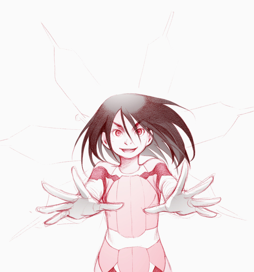 >:), 1girl, :d, black_hair, bodysuit, commentary, english_commentary, gloves