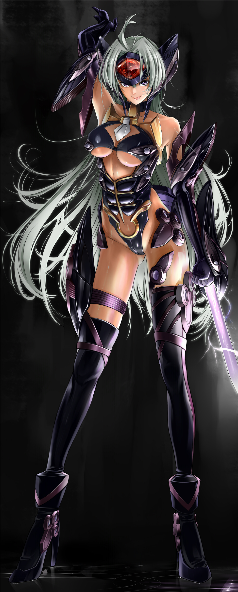 1girl, :p, arm_up, bare_shoulders, black_legwear, breasts, cyborg, dark_skin