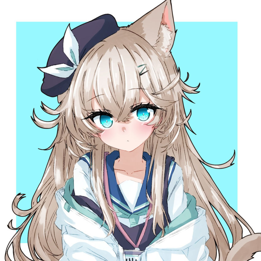 1girl, animal_ears, aqua_eyes, aqua_neckerchief, beret, black_hat, blonde_hair, blue_sailor_collar