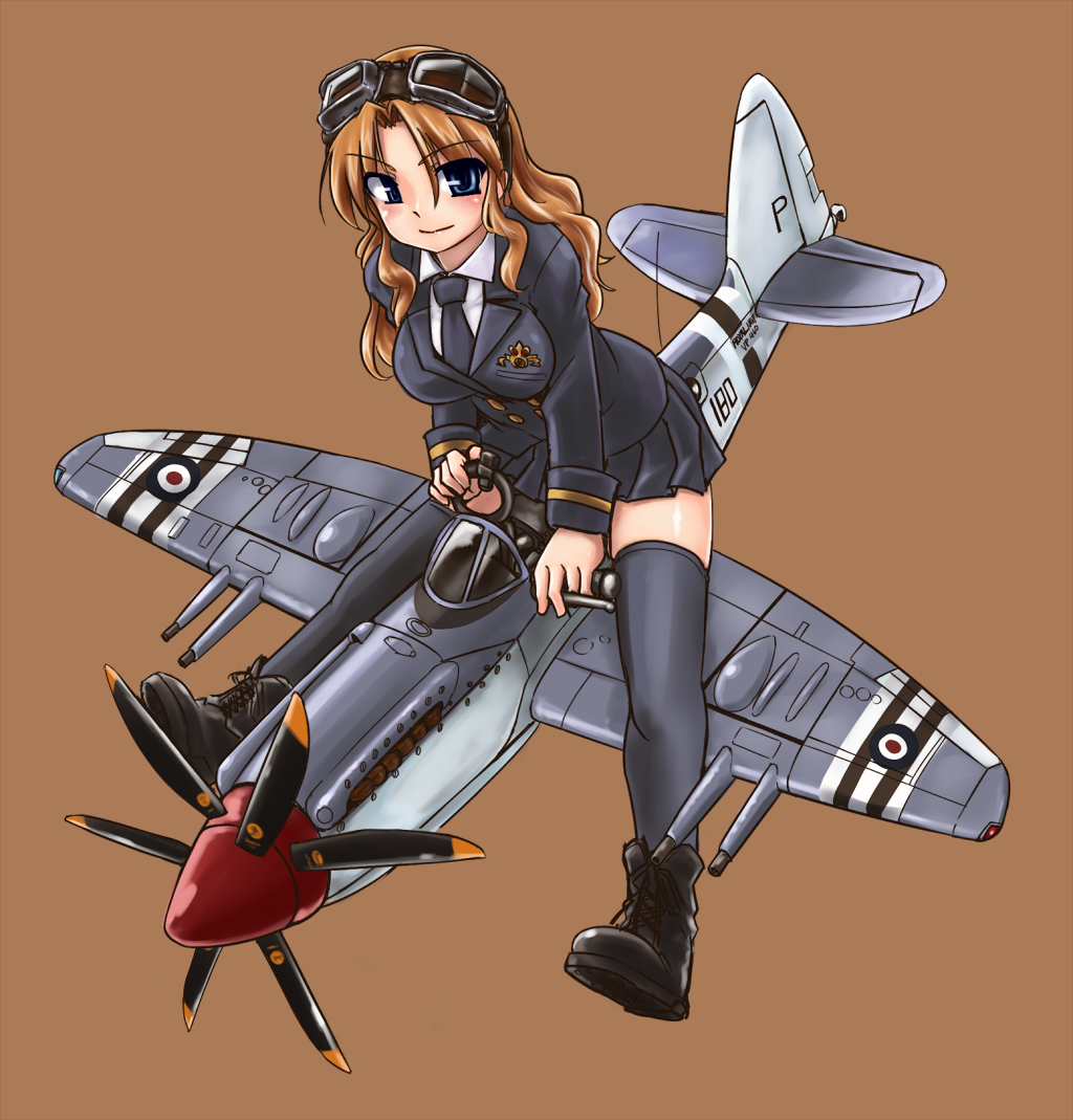 black_legwear, blue_eyes, boots, brown_background, brown_hair, contra-rotating_propellers, goggles, goggles_on_head