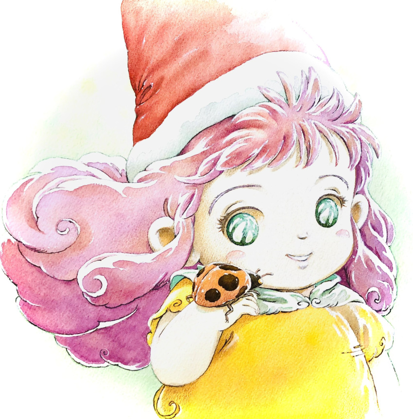 1girl, animal_on_hand, blue_eyes, bug, capelet, english_commentary, fur-trimmed_headwear, fur_trim, hat, highres, ladybug, long_hair, memoru, mini_person, minigirl, nakura_yasuhiro, official_art, parted_lips, pink_hair, red_hat, shirt, short_sleeves, sidelocks, smile, solo, teeth, tongari_boushi_no_memoru, traditional_media, upper_teeth_only, white_background, white_capelet, yellow_shirt