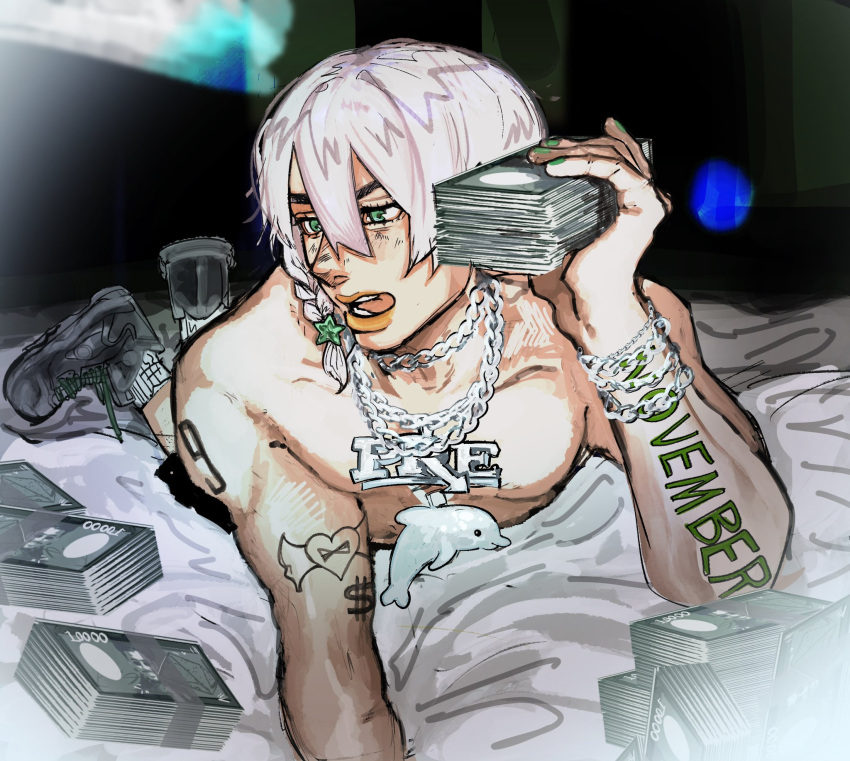 1boy, 3459pigeon, bed, commentary, english_commentary, green_eyes, highres, jodio_joestar, jojo_no_kimyou_na_bouken, male_focus, money, on_bed, orange_lips, shirt, solo, tattoo, the_jojolands, topless_male, white_shirt, yellow_lips