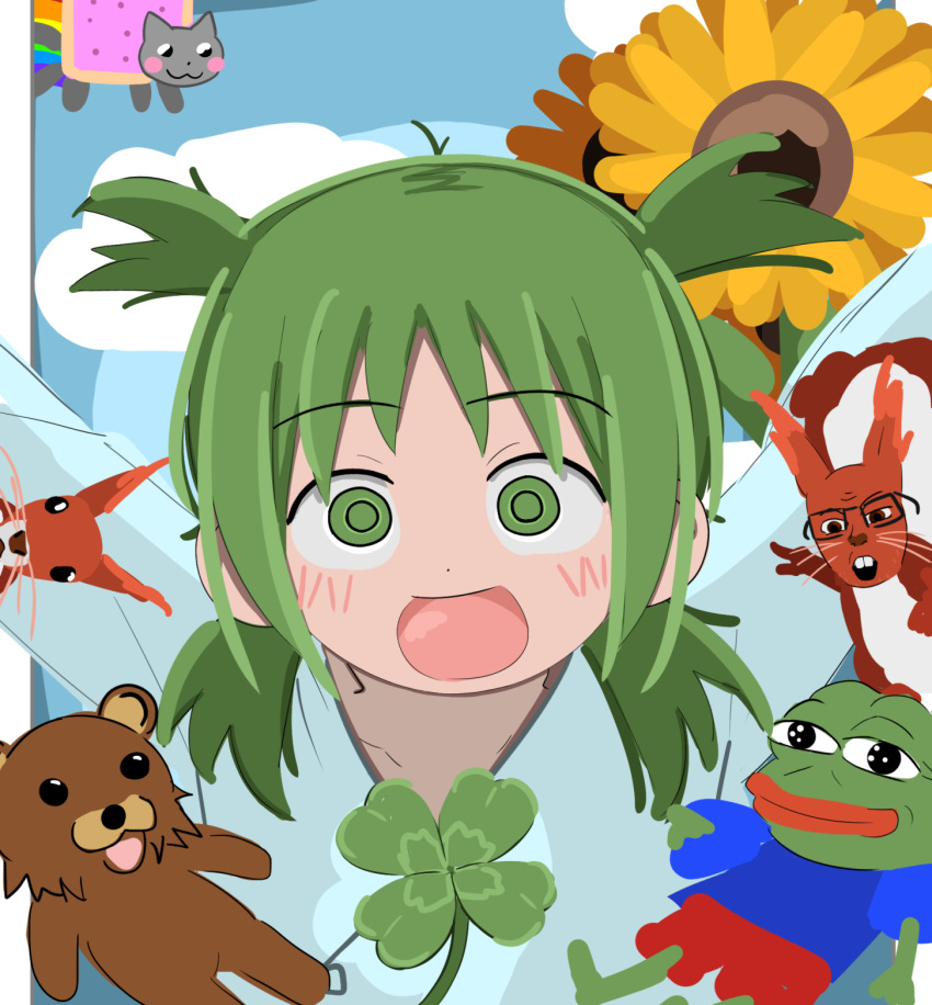 1girl, 4chan, boy's_club, clouds, clover, commentary, english_commentary, flower