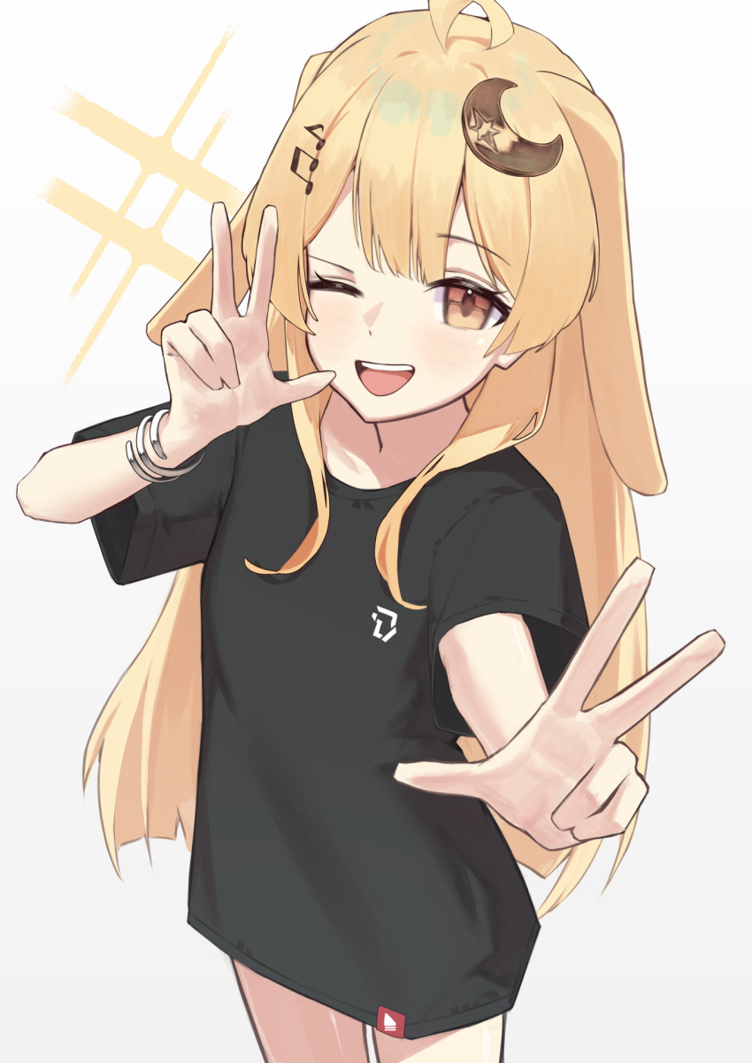 1girl, ;d, ahoge, animal_ears, beamed_eighth_notes, black_shirt, blonde_hair, bongk