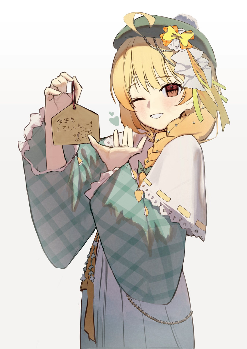 1girl, ;d, ahoge, beret, blonde_hair, bongk, bow, braid