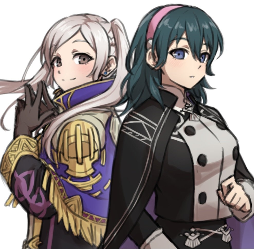 2girls, back-to-back, black_robe, blue_eyes, blue_hair, braid, breasts, brown_eyes