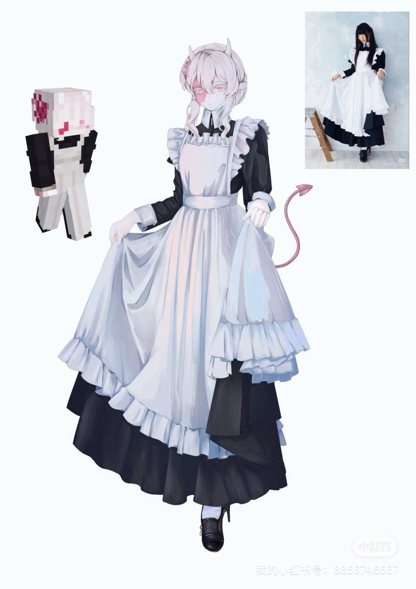 1girl, absurdres, ancorvus, animification, apron, black_dress, black_shoes, braid