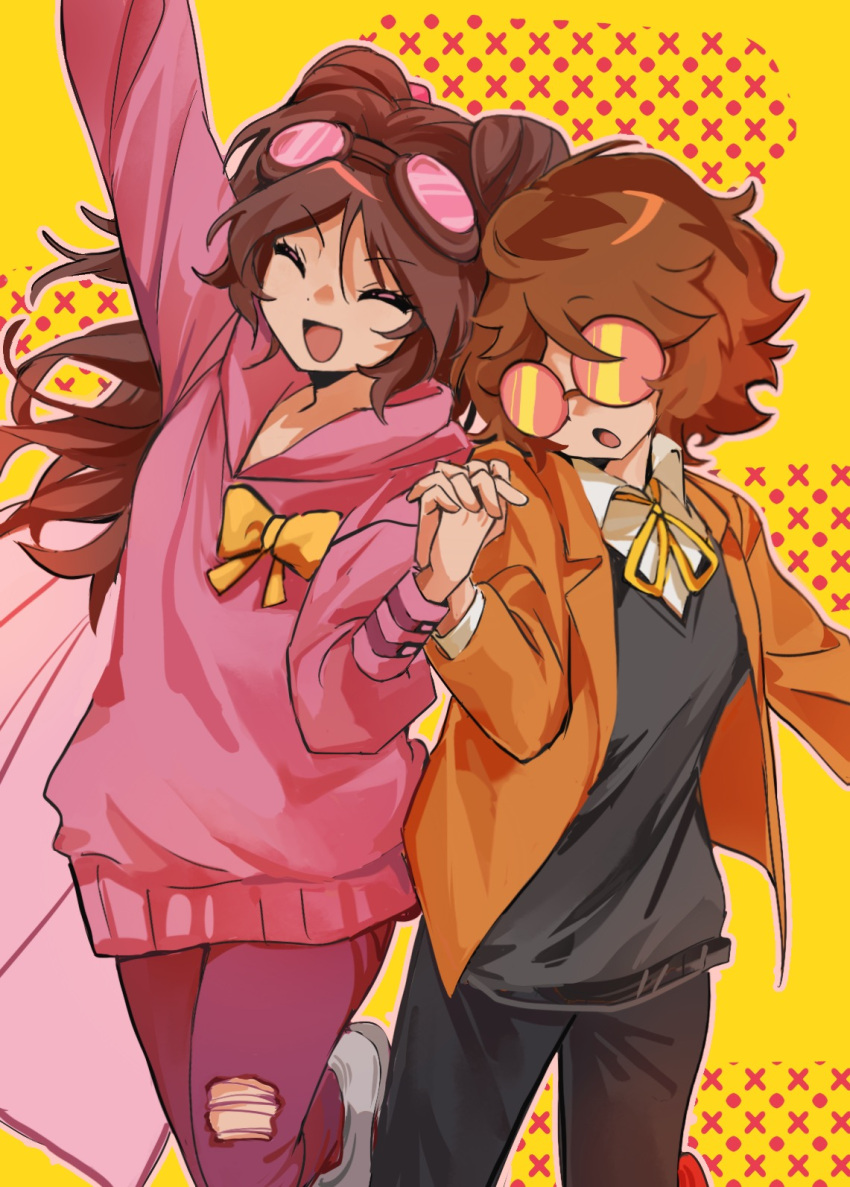 2girls, :d, :o, ^_^, androgynous, animification, arm_up, black_pants