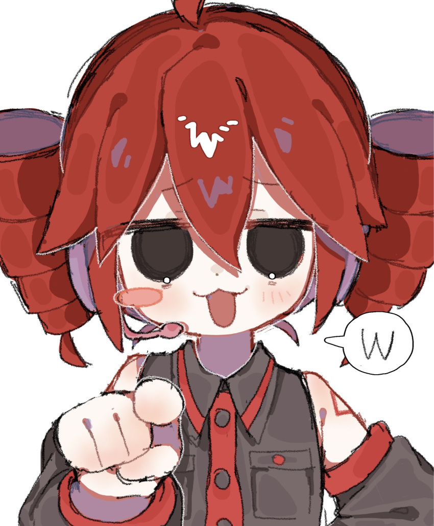 1girl, :3, ahoge, bare_shoulders, black_eyes, black_shirt, black_sleeves, blush