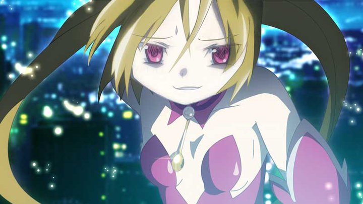 bare_shoulders, blonde_hair, breasts, cleavage, detached_sleeves, evil_smile, fake_screenshot, jewelry, long_hair, magical_girl, mahou_shoujo_kazumi_magica, mahou_shoujo_madoka_magica, pendant, pink_eyes, smile, solo, source_request, spoon, twintails, yuuri_(kazumi_magica)