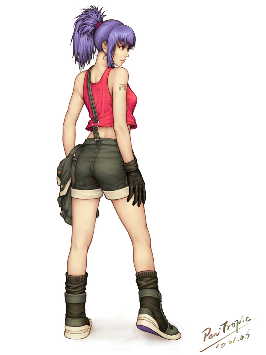 blue_hair, crop_top, earrings, from_behind, gloves, highres, jacket, jacket_removed