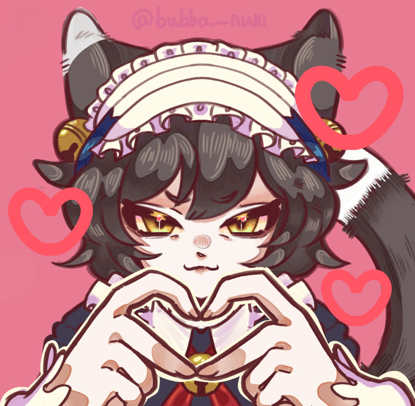 1girl, :3, animal_ears, black_hair, bubba_nuki, cat_ears, cat_girl, cat_tail, dungeon_meshi, english_commentary, four-finger_heart_hands, heart, heart_hands, highres, izutsumi, maid, pink_background, portrait, short_hair, solo, tail, yellow_eyes
