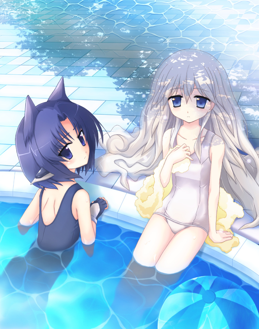 animal_ears, anne_dautrich, arm_support, blue_eyes, blue_hair, blush, collarbone, fingerless_gloves, gloves, hand_on_own_chest, hand_to_chest, highres, kyoukai_senjou_no_horizon, long_hair, looking_back, multiple_girls, nanao_yuki, one-piece_swimsuit, pool, pool_side, poolside, satomi_yoshiyasu, school_swimsuit, shade, short_hair, sitting, soaking_feet, submerged, swimsuit, towel, tree_shade, white_hair, white_school_swimsuit
