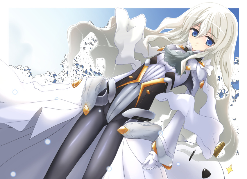 ascot, black_legwear, blue_eyes, dutch_angle, gloves, kyoukai_senjou_no_horizon, long_hair, long_skirt, nanao_yuki, pantyhose, shawl, skirt, solo, white_hair