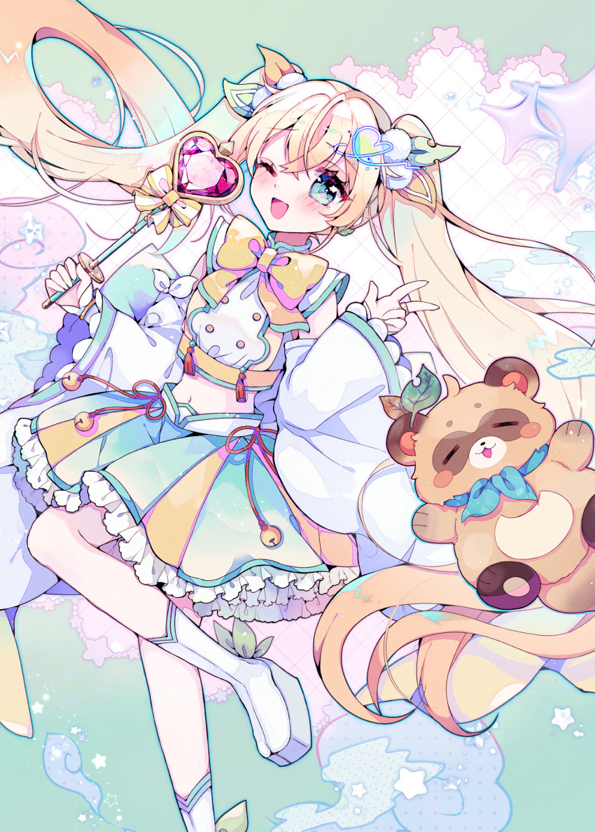 1girl, :d, absurdres, aqua_trim, bell, block_heels, blonde_hair, blue_hair, blush, boots, bow, bowtie, buttons, colored_eyelashes, commentary_request, crop_top, cropped_shirt, crossed_bangs, detached_sleeves, frilled_skirt, frills, full_body, green_background, hair_between_eyes, hair_ornament, hand_up, heart_wand, highres, himegamik, holding, holding_wand, hololive, jewelry, kazama_iroha, kazama_iroha_(magical_gozaru), lace-trimmed_sleeves, lace_trim, leaf_hair_ornament, leg_up, long_hair, long_sleeves, looking_at_viewer, magical_girl, midriff, multicolored_skirt, navel, one_eye_closed, open_clothes, pokobee, pom_pom_(clothes), pom_pom_hair_ornament, ring, shirt, skirt, sleeves_past_wrists, smile, solo, standing, standing_on_one_leg, tanuki, tassel, twintails, v, very_long_hair, virtual_youtuber, wand, white_boots, white_shirt, white_sleeves, yellow_bow, yellow_bowtie, yume_kawaii