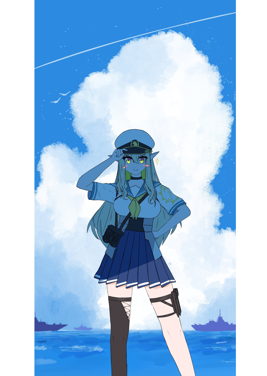 1girl, absurdres, alfhilde_odinsdottir, astraline, binoculars, bird, black_thighhighs, blue_sailor_collar, blue_skirt, blue_sky, breasts, clouds, green_eyes, green_hair, hand_on_own_hip, hat, high-waist_skirt, highres, long_hair, looking_at_viewer, military_hat, podro000, pointy_ears, sailor_collar, ship, shirt, single_thighhigh, skirt, sky, sparkle, standing, swedish_navy, thigh-highs, thigh_strap, virtual_youtuber, water, watercraft, white_hat, white_shirt