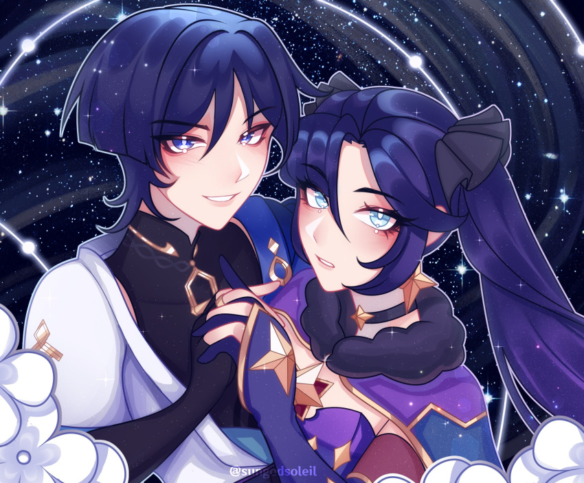 1boy, 1girl, albedo_(xieow), black_bodysuit, black_bridal_gauntlets, black_choker, black_hair, black_ribbon