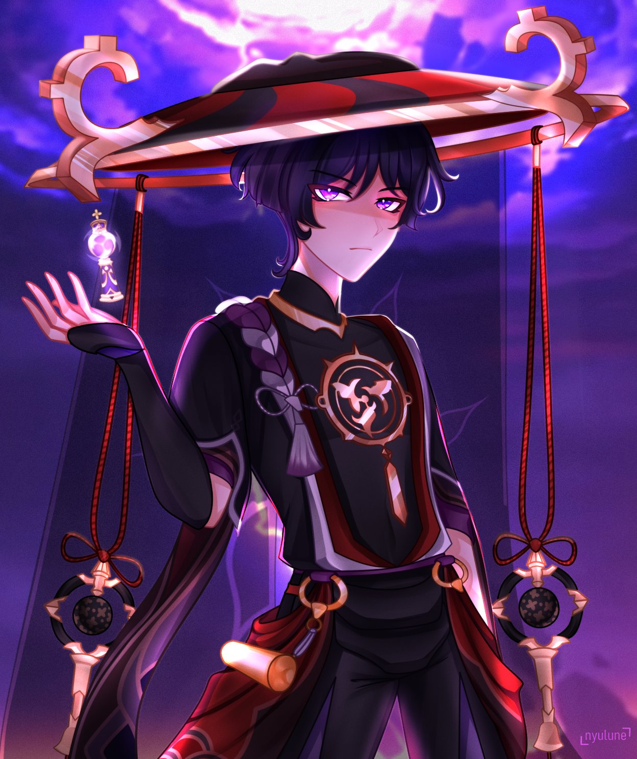 1boy, albedo_(xieow), arm_at_side, armor, artist_name, artistic_error, black_hair, black_hat
