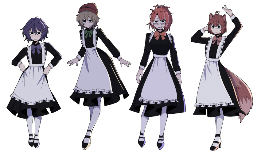 4girls, absurdres, ahoge, animal_ears, black_dress, breasts, brown_hair, clio_aite, commentary, dress, full_body, glasses, hair_between_eyes, hair_ornament, hanya, hat, heart, heart_ahoge, highres, jean_faymas_(vtuber), large_breasts, maid, mako_fukasame, multiple_girls, not_reyy, orange_hair, pantyhose, ponytail, purple_hair, red_hat, scar, scar_across_eye, scar_on_face, semi-rimless_eyewear, sharp_teeth, short_hair, small_breasts, tail, teeth, v, vershion, virtual_youtuber, white_pantyhose, x_hair_ornament