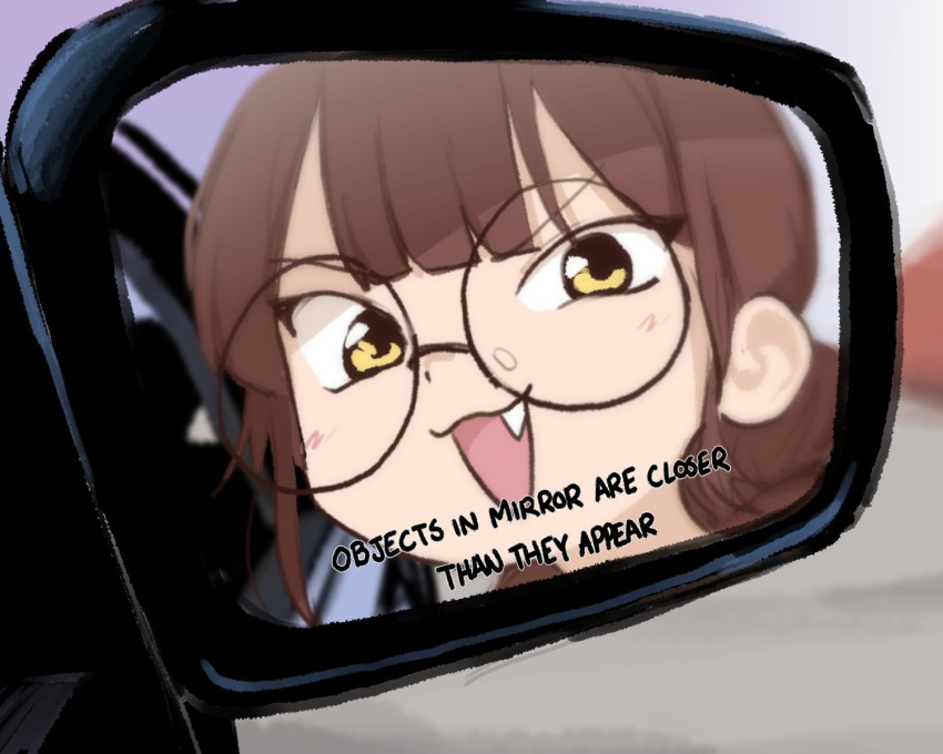 1girl, :3, :d, black-framed_eyewear, braid, brown_hair, car, english_text, fang, glasses, highres, long_hair, looking_at_viewer, mesugaki, mesugaki_(orenji), mirror, motor_vehicle, orenjipiiru, orenjipiiru_smug_face, original, portrait, reflection, round_eyewear, side-view_mirror, smile, solo, yellow_eyes