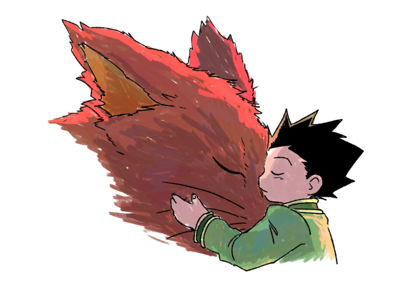1boy, animal, baadaqua, closed_eyes, gon_freecss, highres, hug, hunter_x_hunter