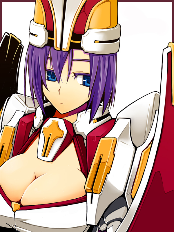 blue_eyes, breasts, cleavage, hat, kyoukai_senjou_no_horizon, large_breasts, purple_hair, short_hair