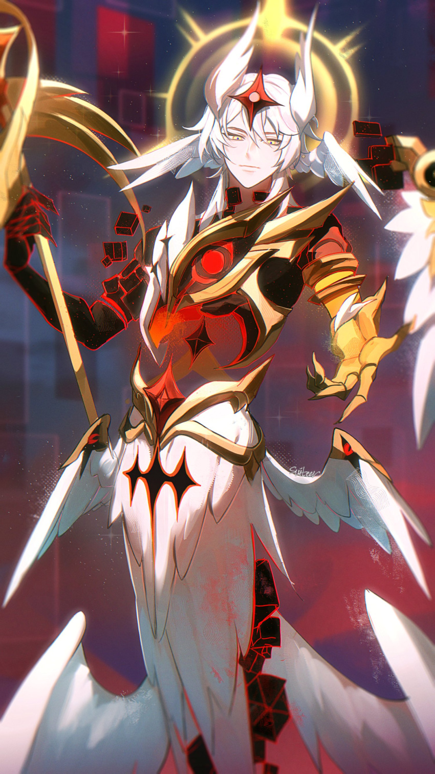 1boy, absurdres, alternate_costume, angel_wings, armor, artist_name, blurry, blurry_background, closed_mouth, colored_skin, commentary, creature, cube, depth_of_field, english_commentary, eye_symbol, feathered_wings, floating, genshin_impact, glowing, gold_armor, hair_between_eyes, hair_ornament, halo, head_tilt, head_wings, highres, holding, holding_polearm, holding_weapon, looking_at_viewer, looking_down, moonya, multicolored_skin, multiple_wings, nihilita_(genshin_impact), partial_humanization, polearm, reaching, reaching_towards_viewer, solo, star_(symbol), upper_body, watcher_(genshin_impact), wavy_hair, weapon, white_hair, white_wings, wings, yellow_eyes
